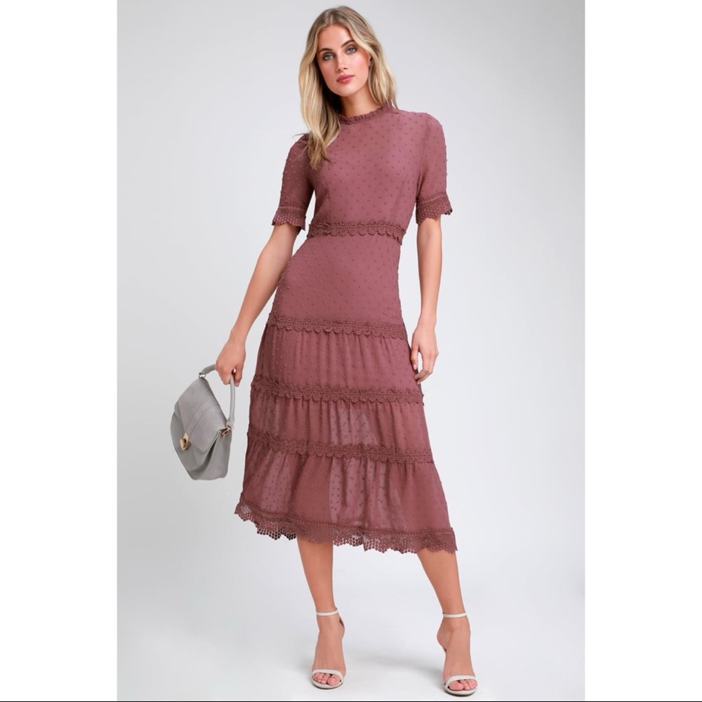 COPY - NWOT Lulus Dreaming of You Mauve Purple Swiss Dot Midi Dress Large